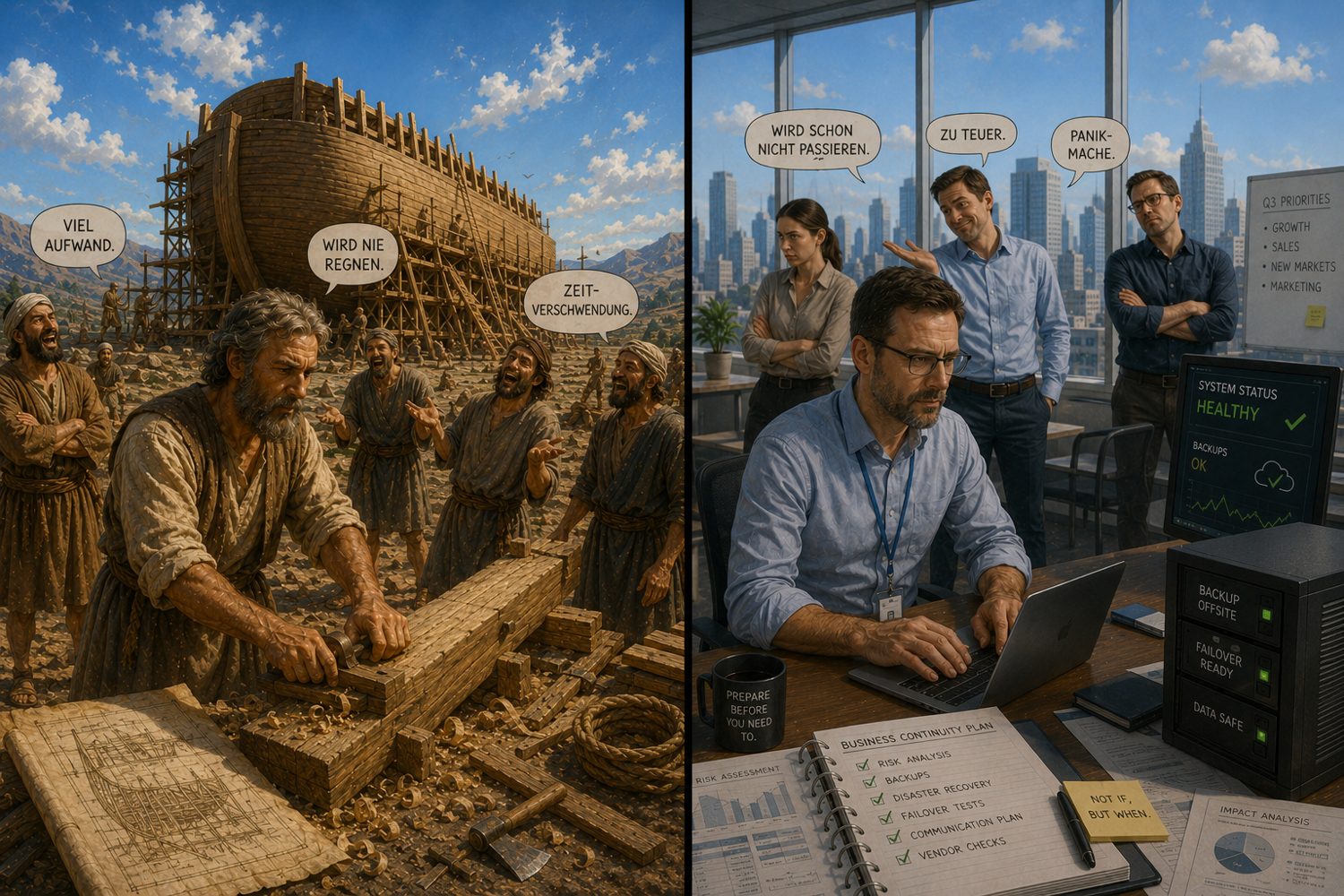 Geteiltes Bild: links baut Noah unter blauem Himmel gelassen eine riesige Arche, während die Nachbarn spotten; rechts richtet ein Business-Continuity-Manager Backup-Systeme und Notfallpläne ein, bevor die Krise da ist.
