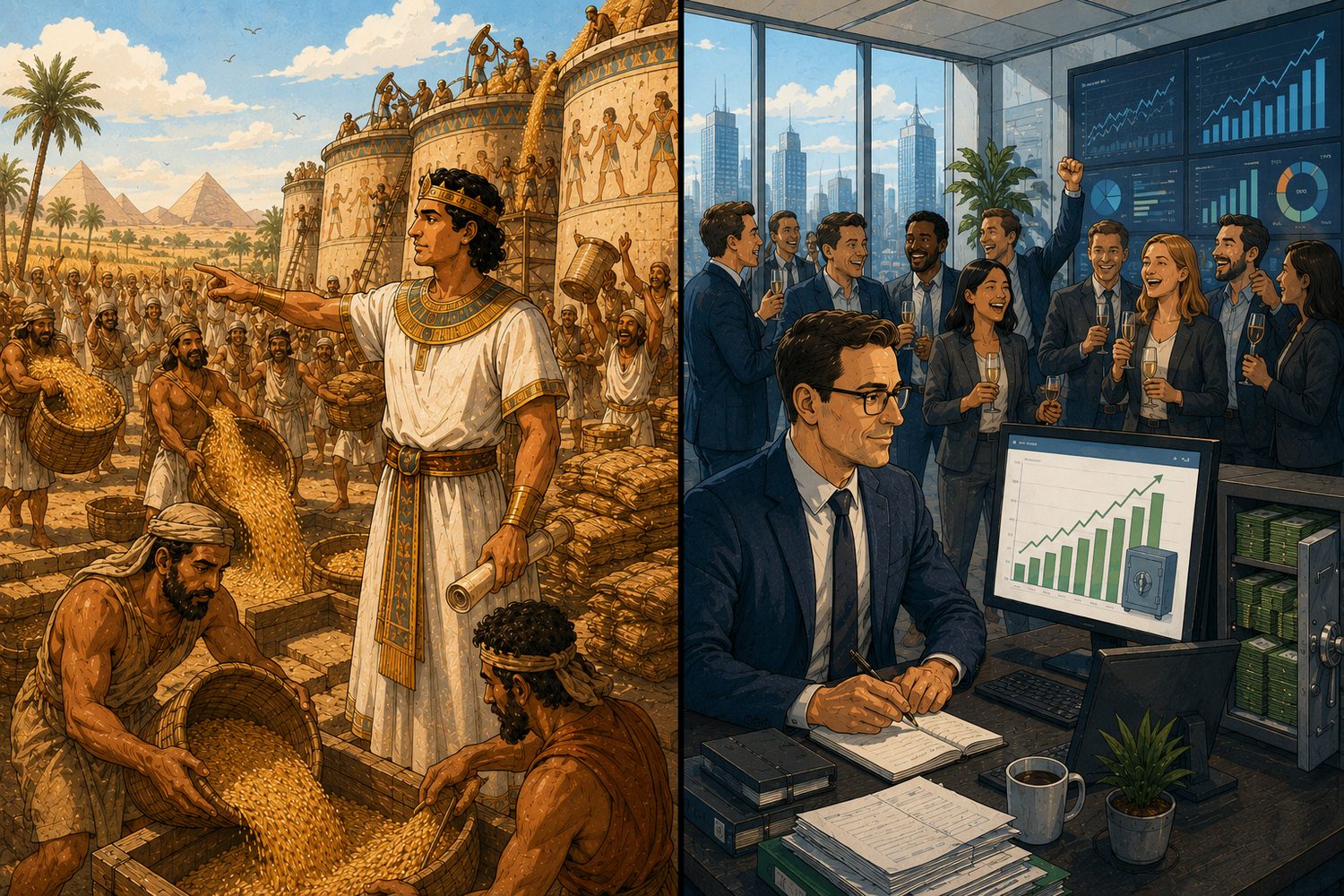 Geteiltes Bild: Links lässt Josef in Ägypten große Kornspeicher füllen, während ringsum die reiche Ernte eingebracht wird. Rechts baut ein ruhiger CFO an einer steigenden Kurve Reserven auf, während die Kollegen mit Sektgläsern den Erfolg feiern.