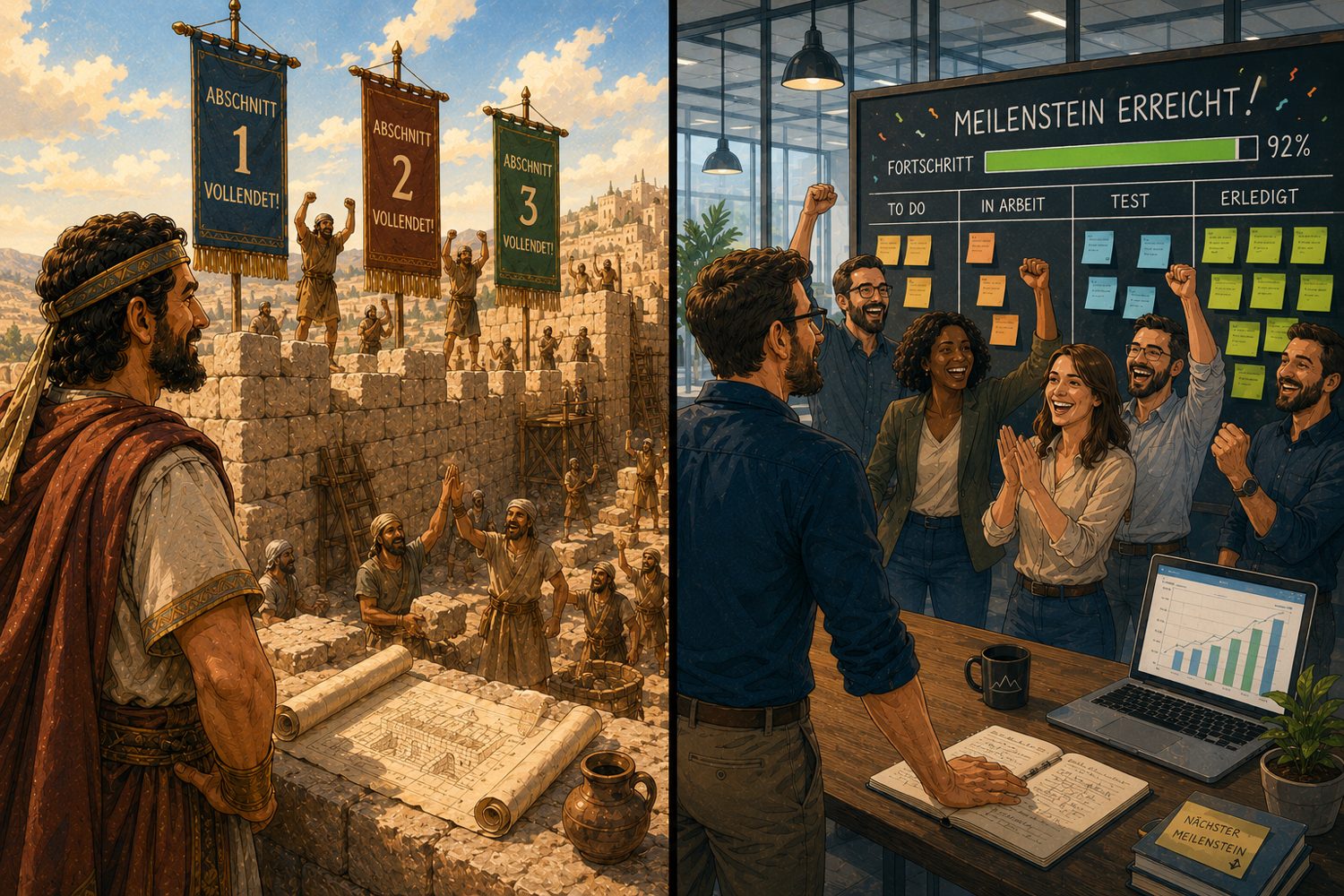 Geteiltes Bild: Links steht Nehemia auf der wachsenden Mauer Jerusalems, fertige Abschnitte sind mit Bannern markiert, die Arbeiter jubeln über jedes vollendete Stück. Rechts feiert ein Team am Kanban-Board einen erreichten Meilenstein, der Fortschrittsbalken ist fast voll.
