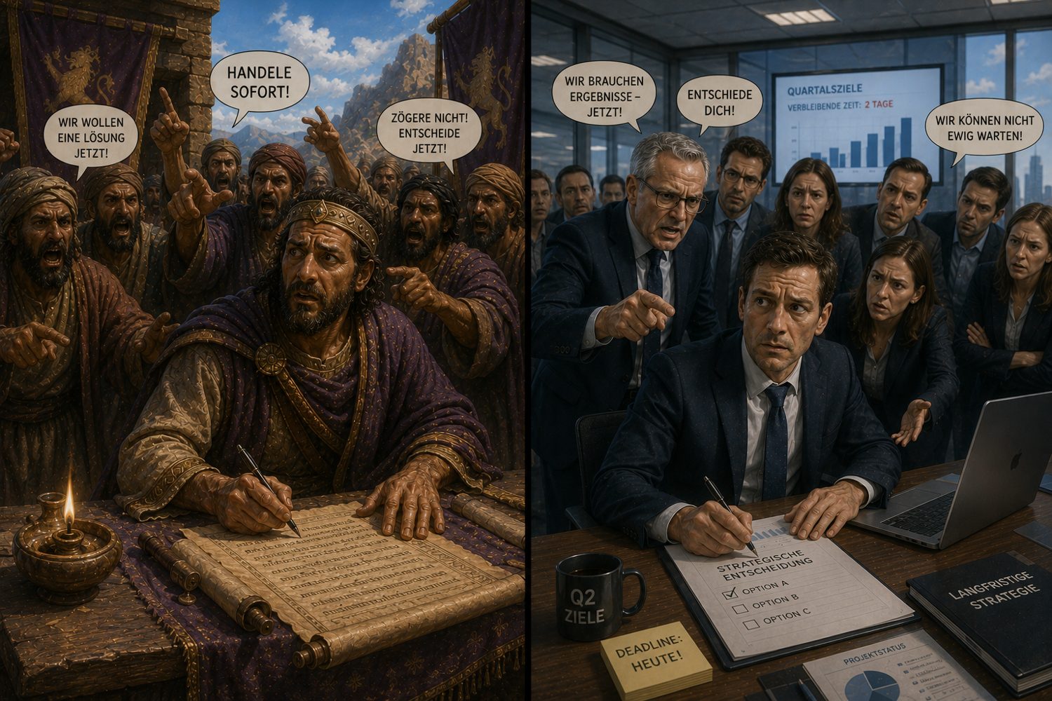 Geteiltes Bild: links setzt König Saul bedrängt die Feder an eine Schriftrolle, während eine aufgebrachte Menge „Handele sofort!“ ruft; rechts unterschreibt eine Führungskraft unter den Blicken drängender Kollegen eine strategische Entscheidung, daneben ein Zettel „Deadline: heute!“.