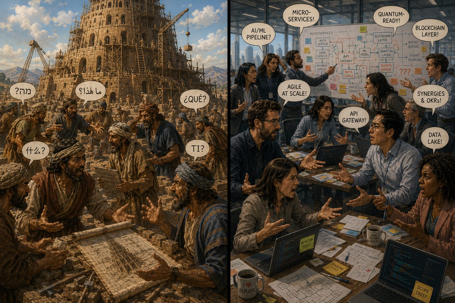 Geteiltes Bild: Links der halbfertige Turmbau zu Babel, die Arbeiter reden plötzlich in verschiedenen Sprachen aneinander vorbei, Baupläne liegen verstreut. Rechts scheitert ein überambitioniertes Technikprojekt im Chaos, weil die Teams sich in widersprüchlichem Fachjargon nicht mehr verstehen.
